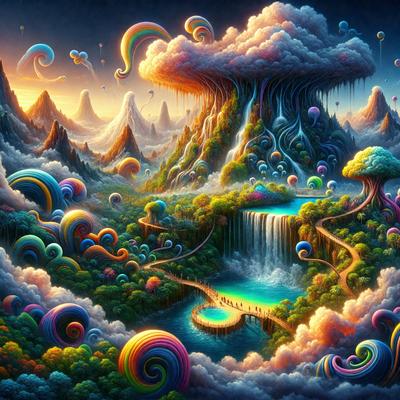 The primary subject of the image is a colorful, whimsical landscape featuring a rainbow bridge, a waterfall, and a giant mushroom. The setting is a fantastical, surreal world with a vibrant, lush atmosphere. The visual style is a digital art or illustration, with a focus on intricate details and vivid colors. The dominant colors are rainbow hues, creating a joyful and imaginative mood.